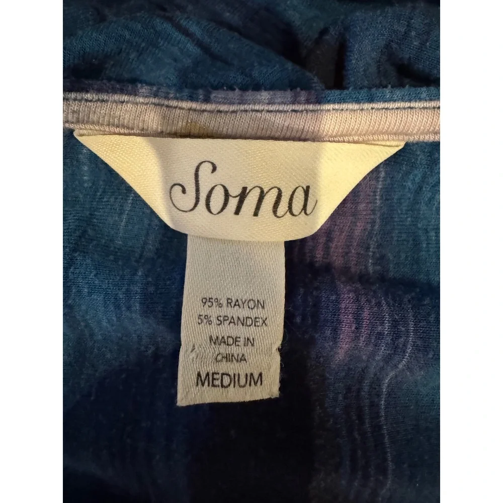 Soma Nightgown Women Medium Blue Pink Tie Dye‎ V Neck Smocked Waist Sleep Shirt